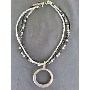 Premier Designs black silver Beaded 3-Strand Necklace Hammered Circle Pendant
